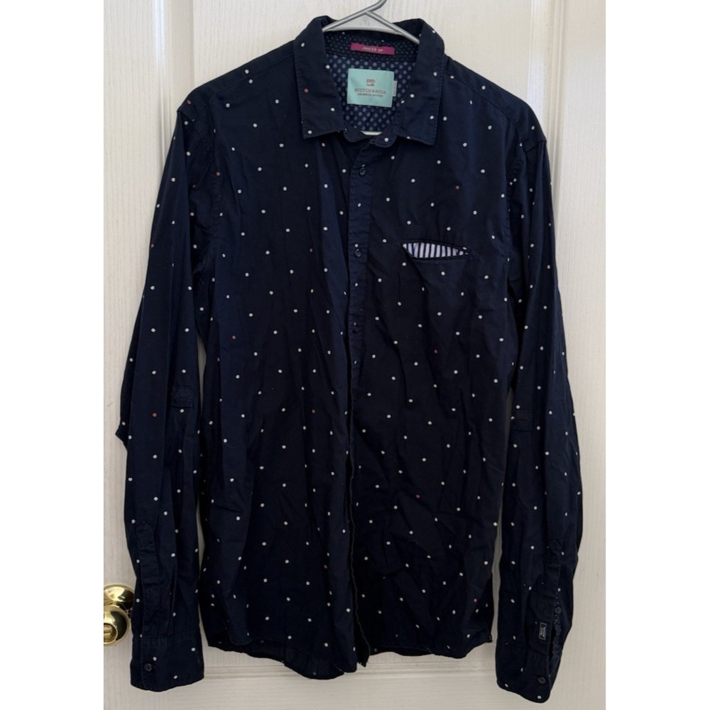 Scotch & Soda Button Up Shirt Mens Large AOP Print Navy Blue Cotton Juiced Up